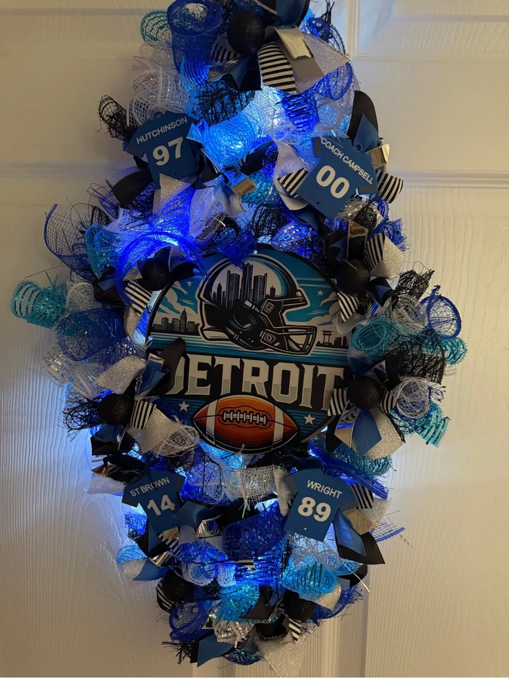 Detroit Football Themed Door Swag Wreath Handmade Hutchinson St. Brown Wright